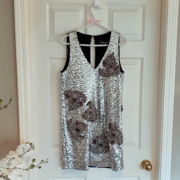 NWT custommade by numbers sequin silver & black cocktail shift holiday dress, XS - Picture 6 of 10